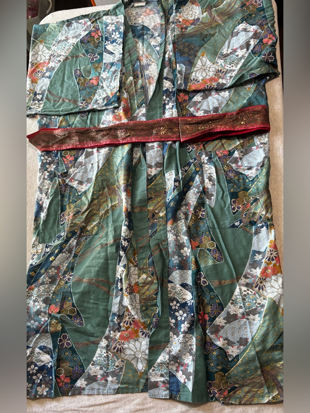 Vintage Japanese Kimono Robe XL Green Floral Cotton Belted Yukata - Picture 2 of 12
